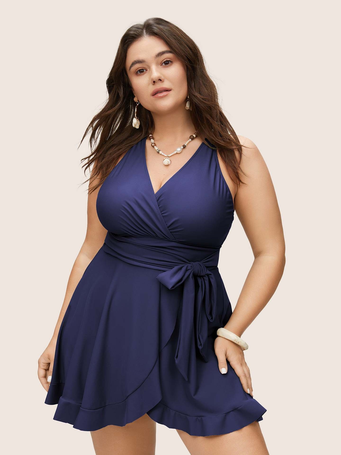 Plus Size One Piece Swimsuit Sleeveless V-Neck Bandage Cover Up Swim Dress